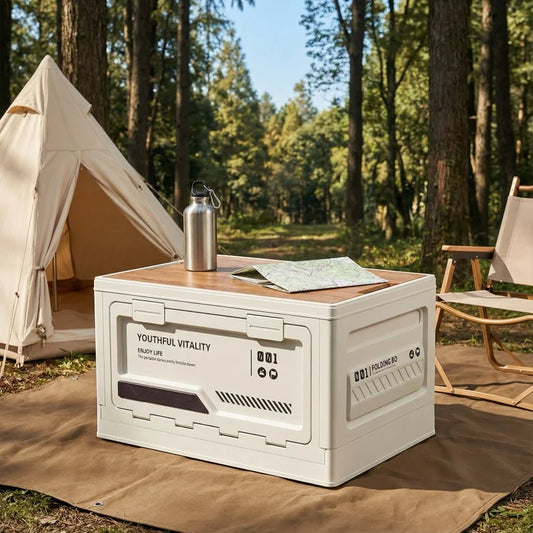 Outdoor Camping Storage Box – Folding Organizer with Wooden Lid