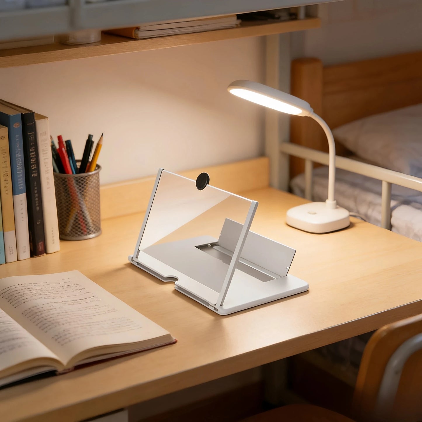 Desk setup with an open book, pen holder, and lamp in a cozy room.