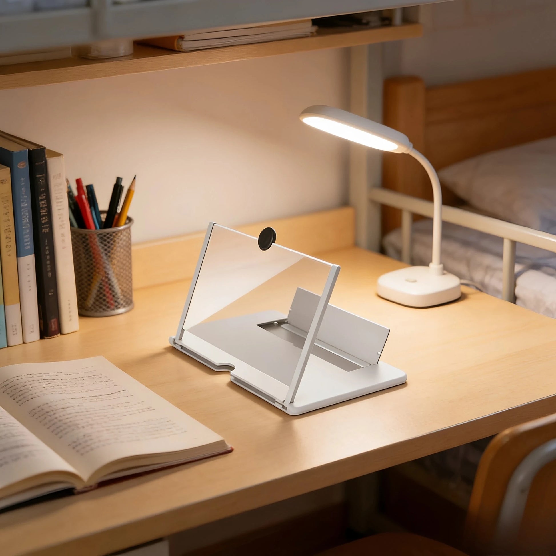Desk setup with an open book, pen holder, and lamp in a cozy room.