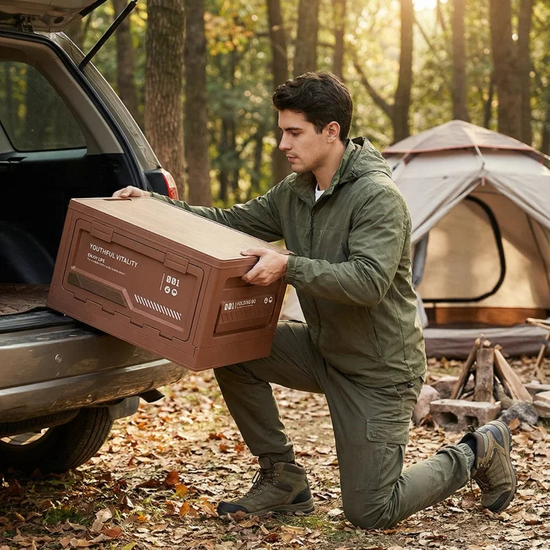 Outdoor Camping Storage Box – Folding Organizer with Wooden Lid