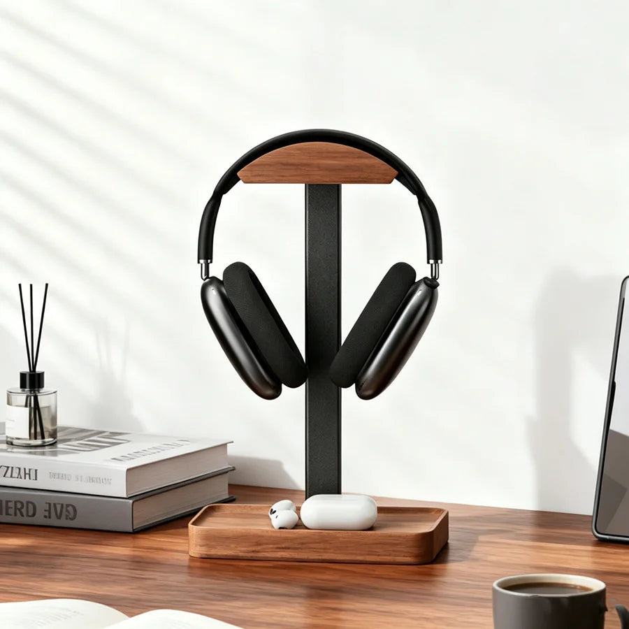 Solid Wood Headphones Stand Black Walnut+Aluminum Alloy Gaming Headset Holder Desktop Bracket Display Shelf with Storage Base