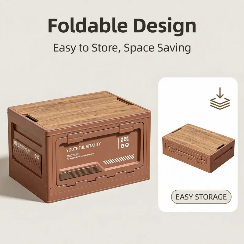 Outdoor Camping Storage Box – Folding Organizer with Wooden Lid